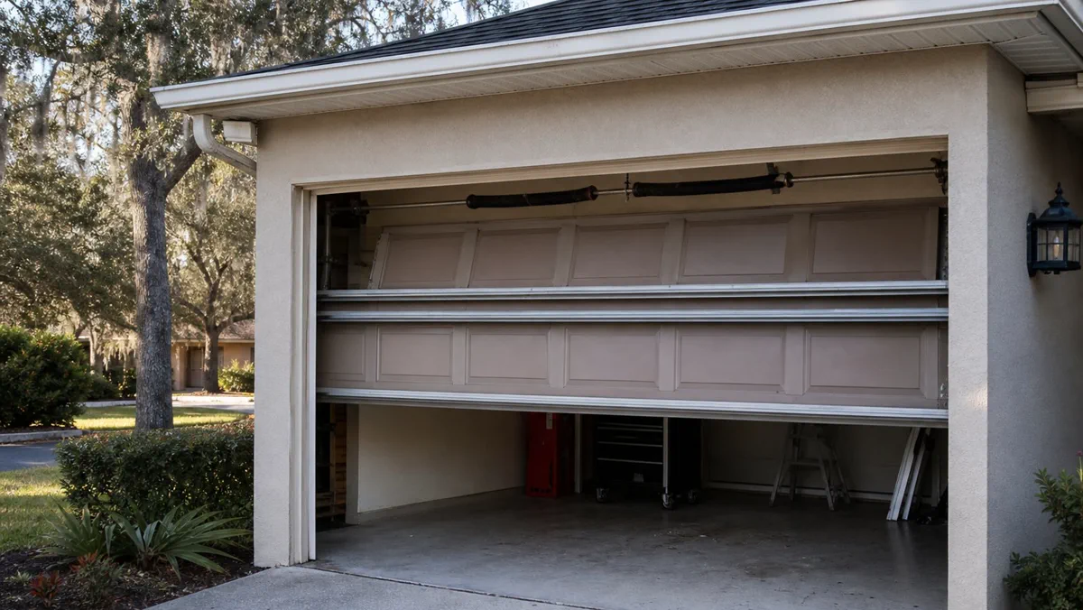 Sectional garage door track being realigned during off-track repair in Orlando